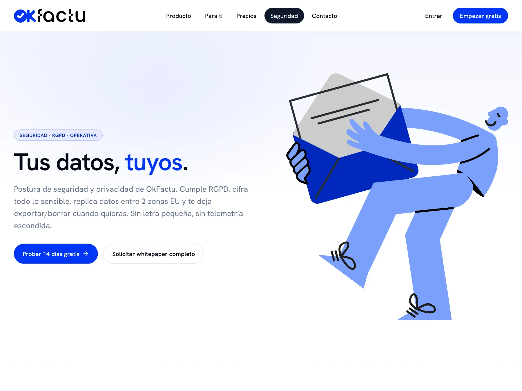 Página de seguridad de okfactu.es: «Tus datos, tuyos»