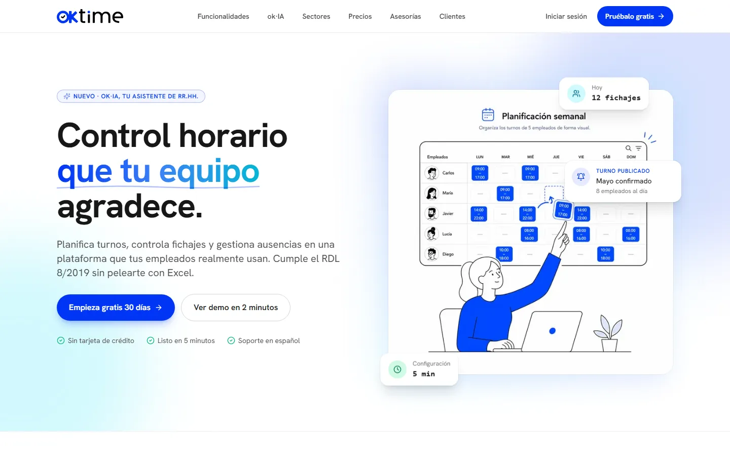Página de inicio de oktime.es, el sitio web de OkTime